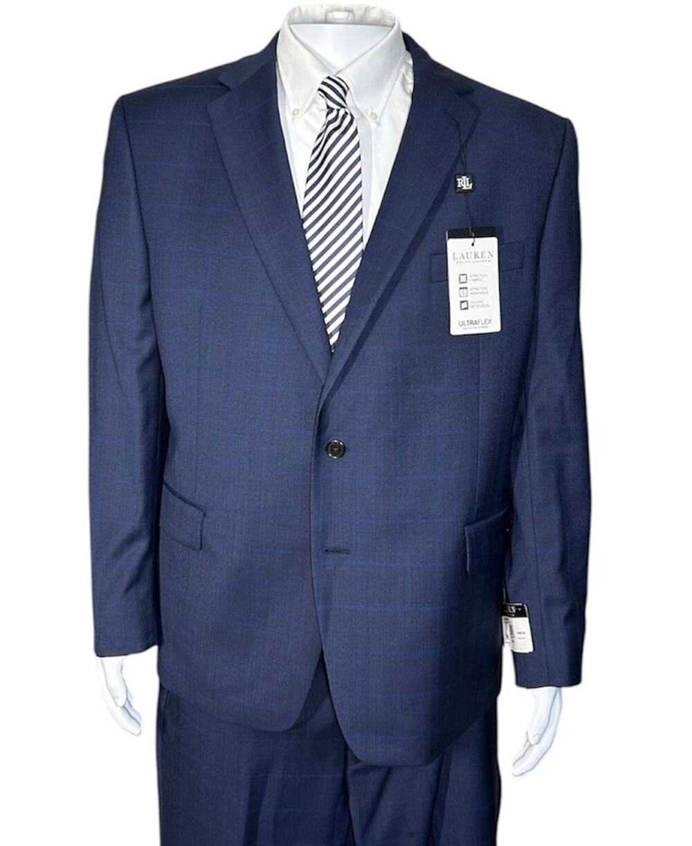 Lauren Ralph Lauren Lattimore Men’s Suit 46R 40x30 Navy Blue Plaid Wool Blend